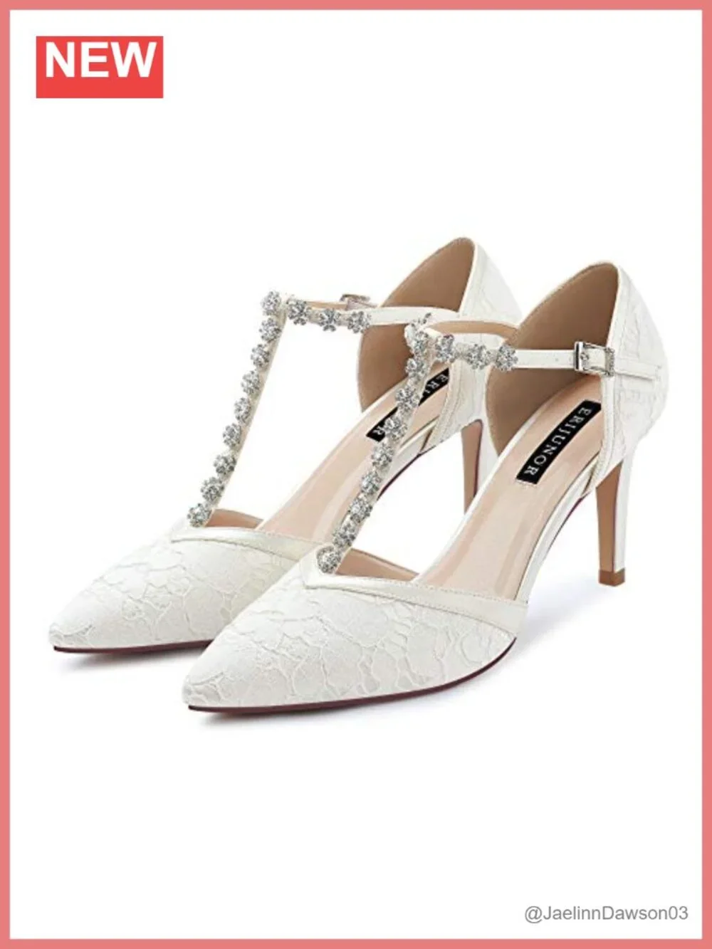 Women's Satin Lace Bridal Wedding Shoes Mid Heel Rhinestone T-Strap
